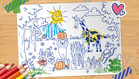 Buntes Ausmalbild mit einem Affen, einem Bären, einer Giraffe und einem Tiger, umgeben von Blumen und einem sonnigen Himmel.