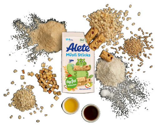 Alete Müsli Sticks umgeben mit einer Vielzahl von Zutaten wie Hafer, Apfelstückchen und verschiedenen Mehlen auf schwarzem Hintergrund.