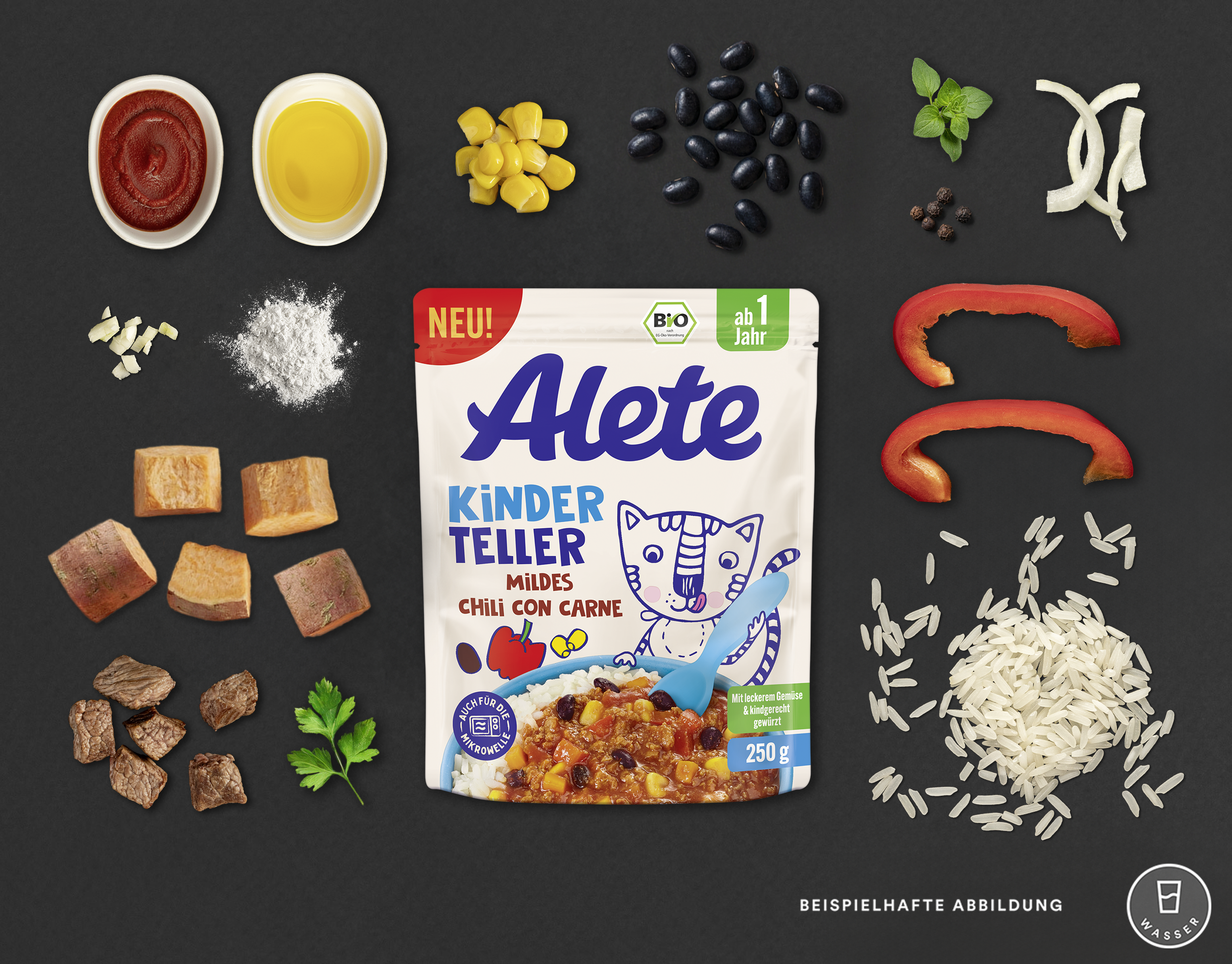 Zutaten für Alete Kinder-Teller mildes Chili con Carne, darunter Paprika, schwarze Bohnen, Mais, Gewürze und Reis.