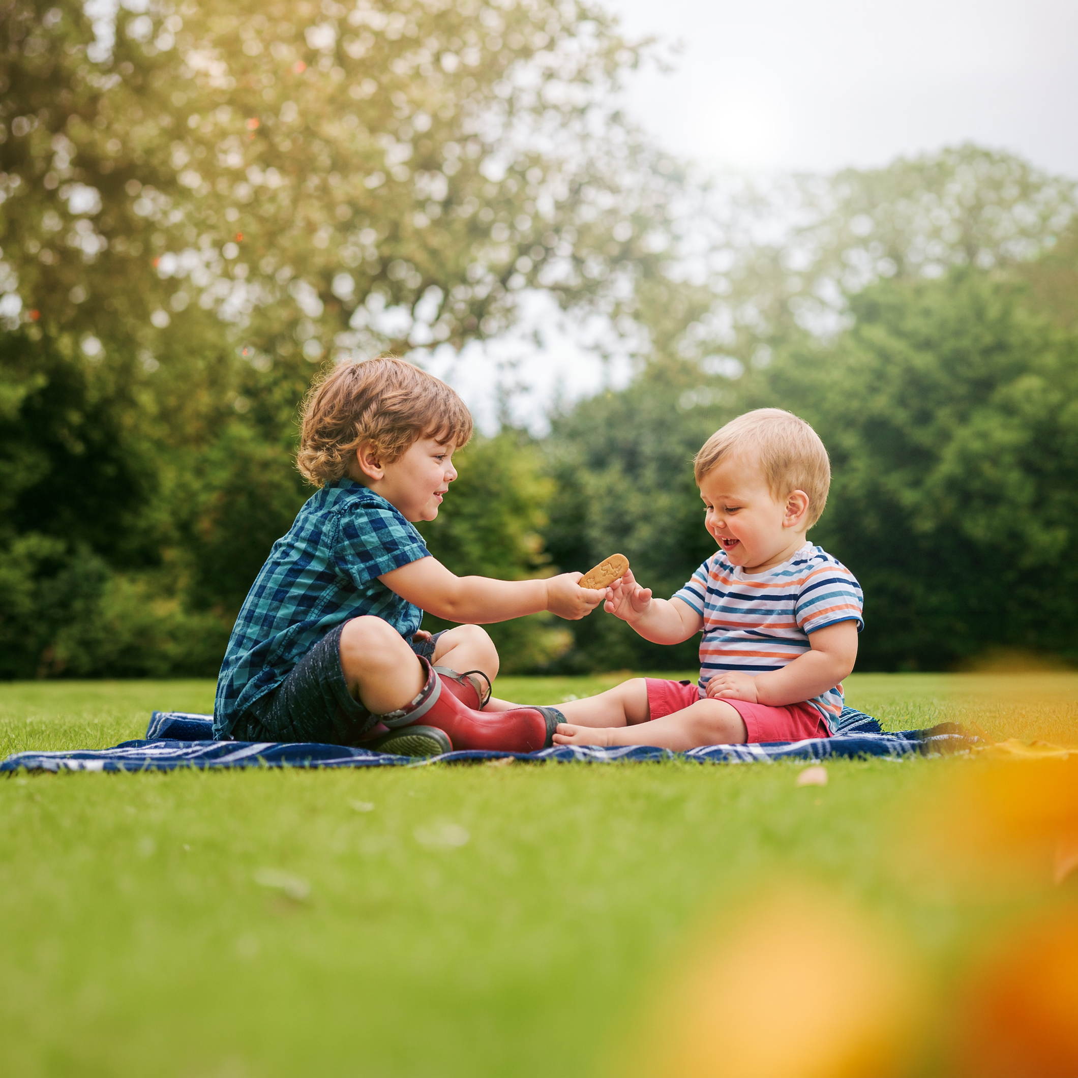 Zwei kleine Kinder im Freien, die auf einer Decke sitzen und zusammen Alete Kinderkekse teilen. Der große Junge reicht dem jüngeren Bruder einen Keks, während dieser lächelt.