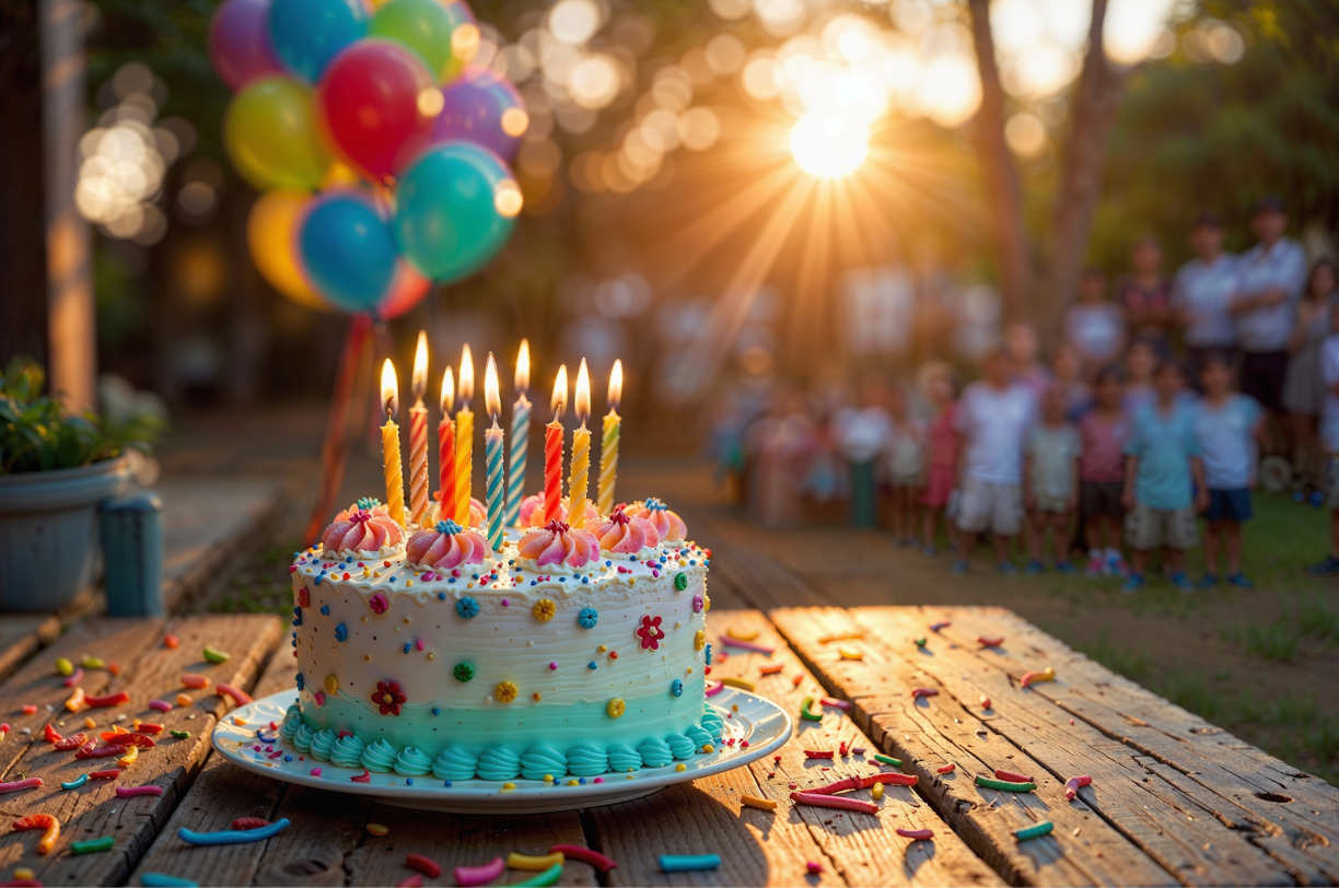 Bunte Geburtstagstorte mit Kerzen und Zuckerstreuseln, umgeben von Luftballons und fröhlichen Feiernden im Hintergrund.