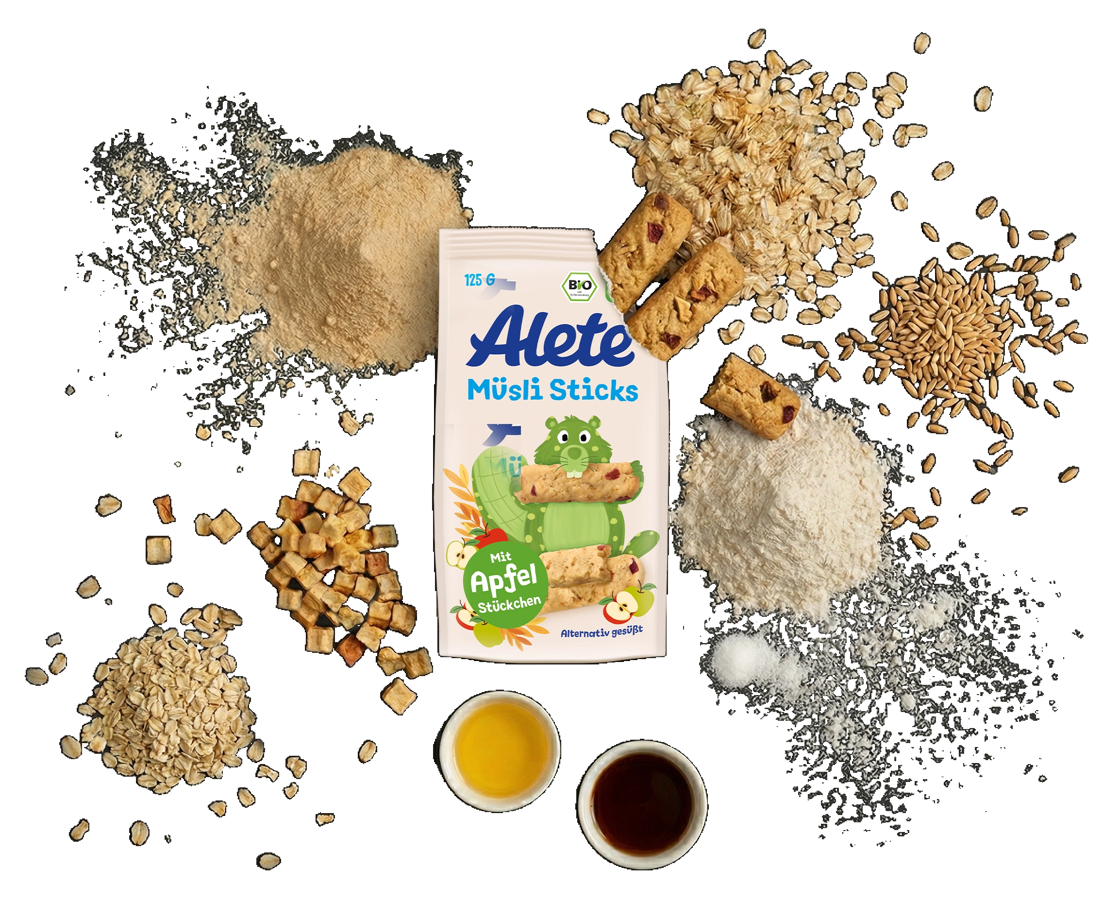 Alete Müsli Sticks umgeben mit einer Vielzahl von Zutaten wie Hafer, Apfelstückchen und verschiedenen Mehlen auf schwarzem Hintergrund.
