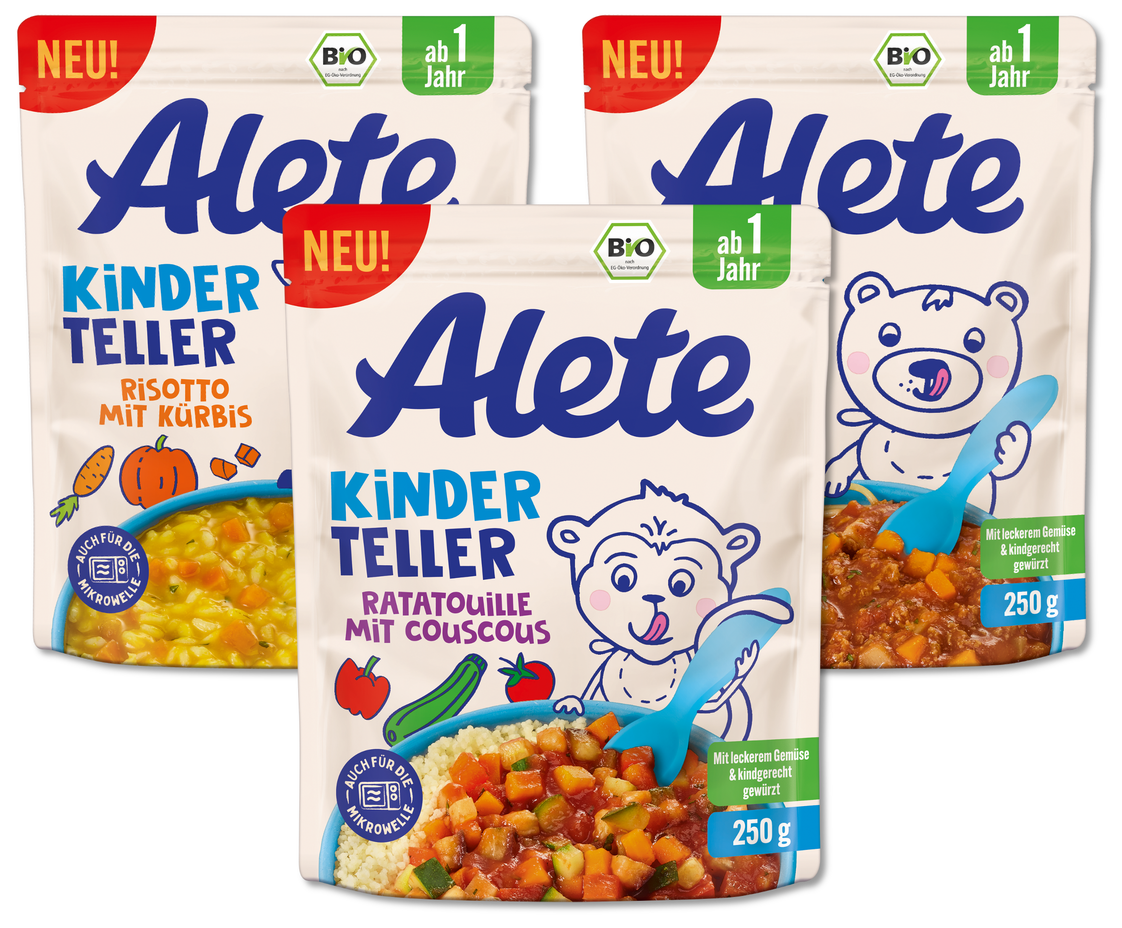 Verpackungen von Alete Kindertellern, einschließlich Risotto mit Kürbis und Ratatouille mit Couscous, für Kinder ab 1 Jahr.